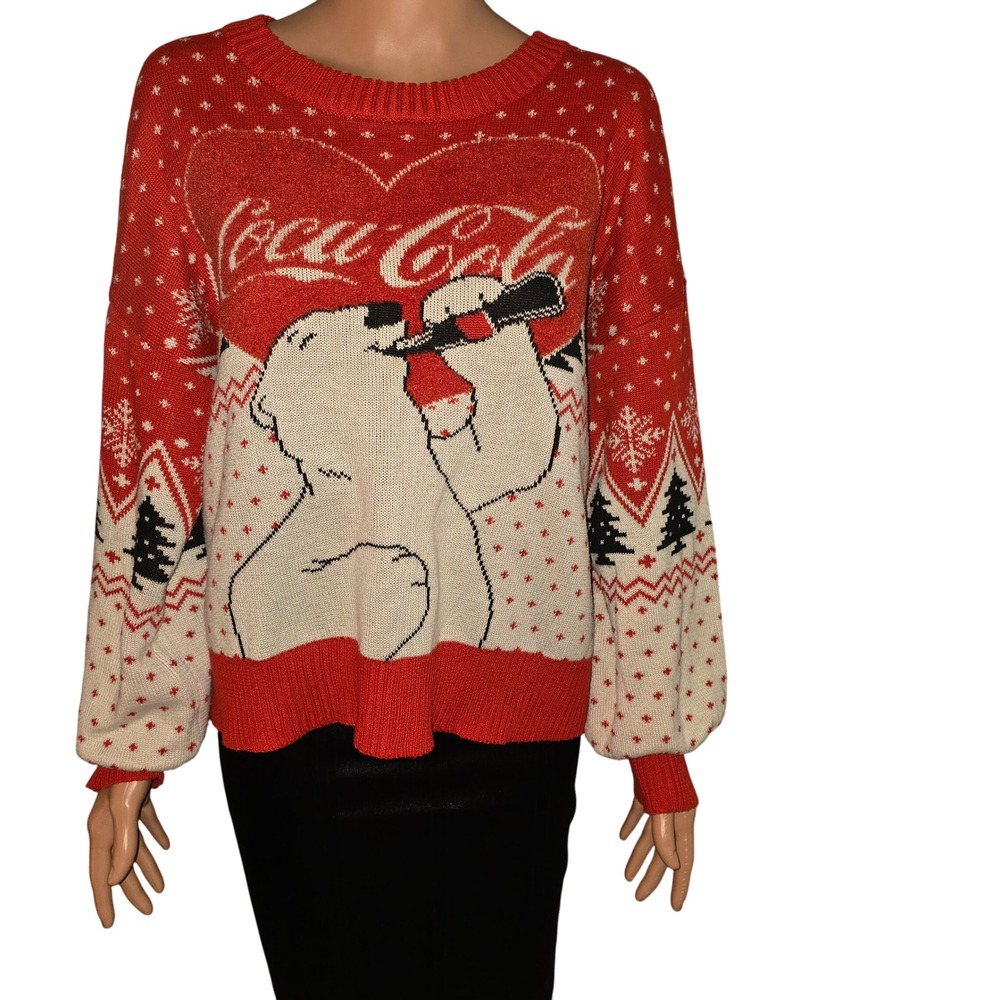 Coca-Cola Polar Bear Christmas Holiday Sweater‎ XL Red White Black Novelty